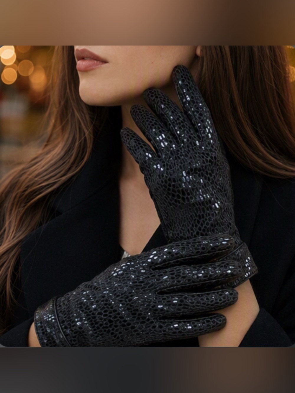 🌷 100% Leather Gloves 🌷 Unique Sparkly Black Snakeskin Print Design